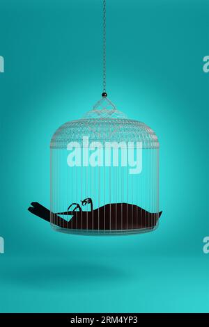 Concept animal créatif. Papier Crow dans une cage, lumineux vibrant isolé sur la publicité de fond de couleur, espace de texte de copie. Couverture de livre, éditorial, poète Banque D'Images