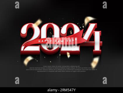 Bonne année 2024 3d, salutation du nouvel an avec des numéros 3d et ruban rouge fantaisie. Illustration de Vecteur