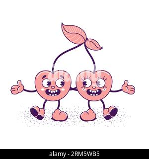 Quelques cerises amoureuses dansent et sourient. Personnages mignons drôles avec des visages. Style de bande dessinée rétro à la mode. Illustration vectorielle vintage pour valent Illustration de Vecteur