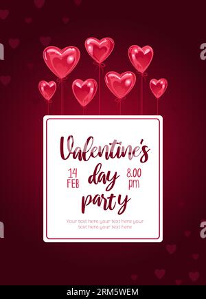 Saint Valentin, invitation à la fête. Des ballons à coeur étincelant élèvent une bannière dans les airs. Illustration de tendance moderne, style réaliste. Pour publicité ba Illustration de Vecteur