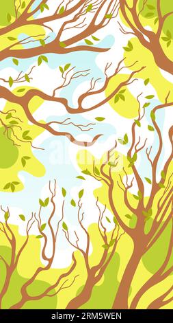 Paysage printanier. Branches d'arbres au feuillage jeune, ciel bleu, nuages blancs. Illustration vectorielle pour affiches, cartes postales, bannières, éléments de conception, Illustration de Vecteur
