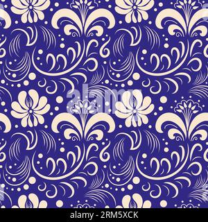 Motif dans le style russe Gzhel. Dessin folklorique botanique traditionnel. Blanc sur bleu. Illustration vintage pour papier peint, impression sur tissu, emballage, b Illustration de Vecteur