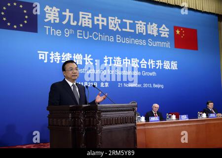 Bildnummer : 60739481 Datum : 21.11.2013 Copyright : imago/Xinhua (131121) -- BEIJING, 21 novembre 2013 (Xinhua) -- le Premier ministre chinois Li Keqiang s'adresse au 9e Sommet des affaires UE-Chine à Beijing, capitale de la Chine, le 21 novembre 2013. (Xinhua/Pang Xinglei) (yxb) CHINA-BEIJING-LI KEQIANG-eu CHINA BUSINESS SUMMIT(CN) PUBLICATIONxNOTxINxCHN People xas x0x 2013 quer 60739481 Date 21 11 2013 Copyright Imago XINHUA Beijing nov 21 2013 le Premier ministre chinois XINHUA a quitté Keqiang s'adresse au 9e Sommet des affaires UE-Chine à Pékin capitale de la Chine nov 21 2013 XINHUA Pang Xinglei Chine Pékin a quitté Keqiang UE Banque D'Images