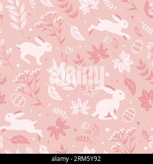 De charmants lapins sautent dans la prairie de printemps, joyeuses pâques. Œufs en chocolat monochrome à motif rose sans couture, marguerites et tulipes. style dessin animé. F Illustration de Vecteur