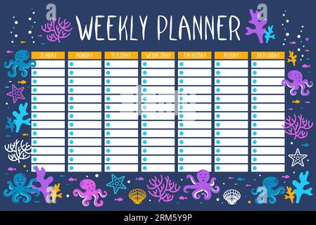 Planificateur hebdomadaire. Motif marin d'été avec des pieuvres, des coraux, des étoiles de mer, des algues, des coquillages et des poissons. Rouge et bleu. les habitants de l'océan. Style plat. Modèle des Illustration de Vecteur