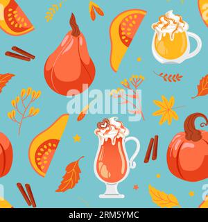 Amateur d'épices à la citrouille. journée internationale du café. Verre avec mousse de latte, citrouilles, feuilles d'automne et pommes. Modèle sans couture pour les cafés, les magasins, les menus, wa Illustration de Vecteur