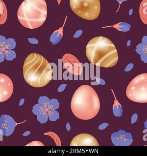 joyeuses pâques. Oeufs en chocolat doré et rose avec étoiles et rayures. Fleurs printanières, oubliez-moi-non. Motif sans couture. illustration dans un style réaliste Illustration de Vecteur