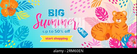Bannière horizontale brillante de vente d'été. Tigre, feuilles tropicales et fleurs. Dans des couleurs néon vives. Hippie, psychédélique. Pour bannière publicitaire, site Web, Illustration de Vecteur