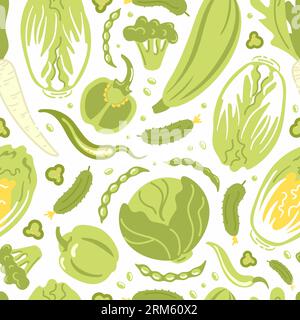 Légumes verts. Chou de Pékin et blanc, concombres et haricots, poivrons et jalapenos, brocoli et courgettes. Modèle sans couture, Lifestyl sain Illustration de Vecteur