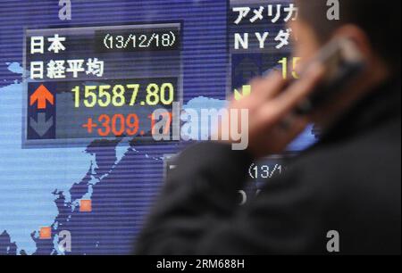 (131218) -- TOKYO, 18 déc. 2013 (Xinhua) -- Un homme passe devant un panneau électronique montrant l'indice Nikkei à Tokyo, Japon, le 18 décembre 2013. La moyenne des actions Nikkei sur 225 émissions a clôturé à 309,17 points à 15 587,80. (Xinhua/Stringer)(lrz) JAPAN-TOKYO-NIKKEI PUBLICATIONxNOTxINxCHN Tokyo DEC 18 2013 XINHUA un homme passe devant le panneau électronique montrant l'indice Nikkei à Tokyo Japon DEC 18 2013 le numéro de 225 Nikkei Stick Average a fermé 309 17 points À 15 587 80 XINHUA Stringer Japan Tokyo Nikkei PUBLICATIONxNOTxINxCHN Banque D'Images