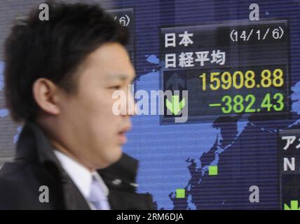 (140106) -- TOKYO, 6 janv. 2014 (Xinhua) -- Un homme passe devant un tableau électronique montrant l'indice boursier à Tokyo, Japon, le 6 janvier 2014. La moyenne des actions Nikkei sur 225 émissions a clôturé à 382,43 points par rapport à la fin de 2013 à 15 908,88. (Xinhua/Stringer) (bxq) JAPAN-TOKYO-NIKKEI PUBLICATIONxNOTxINxCHN Tokyo Jan 6 2014 XINHUA un homme passe devant la carte électronique montrant l'indice Stick à Tokyo Japon Jan 6 2014 l'édition 225 Nikkei Stick Average a fermé 382 43 points de fin 2013 À 15 908 88 XINHUA Stringer Japan Tokyo Nikkei PUBLICATIONxNOTxINxCHN Banque D'Images