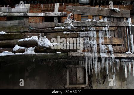 (140106) -- SRINAGAR, 6 janvier 2014 (Xinhua) -- Une femme cachemirienne regarde depuis sa maison avec des glaçons suspendus à la clôture en bois à Kokernag, à environ 80 kilomètres au sud de la ville de Srinagar, capitale estivale du Cachemire contrôlé par les Indiens, 6 janvier 2014. La semaine dernière, les parties les plus froides du Cachemire sous contrôle indien ont reçu de fortes chutes de neige, qui ont suspendu le trafic routier, ferroviaire et aérien vers la région. La région est en proie à la vague de froid et le département météorologique local a prédit plus de neige mercredi. (Xinhua/Javed Dar) KASHMIR-SRINAGAR-SNOW-WEATHER PUBLICATIONxNOTxINxCHN Srinagar Jan 6 201 Banque D'Images