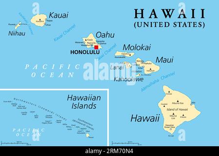 Îles Hawaii, carte politique. Archipel de huit îles volcaniques majeures, plusieurs atolls et de nombreux îlots plus petits dans l'océan Pacifique Nord. Banque D'Images