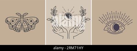 Symboles magiques, papillon et croissant de lune entre les mains Illustration de Vecteur