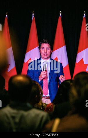 Edmonton, Canada. 26 août 2023. Le premier ministre du Canada, l’honorable Justin Trudeau, s’adresse aux partisans du Parti libéral du Canada lors d’un événement privé à Sir Winston Churchill Square. Crédit : SOPA Images Limited/Alamy Live News Banque D'Images