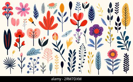 Fleurs sauvages abstraites dessinées à la main, fleurs et feuilles serties, icônes plates. Illustration vectorielle Illustration de Vecteur