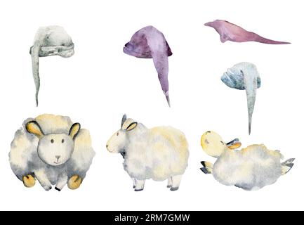 Illustration dessinée à la main à l'aquarelle, mignon mignon magique bébés moutons en peluche, chapeaux de couchage, personnage de jouet de bande dessinée. Objet unique isolé sur blanc Banque D'Images