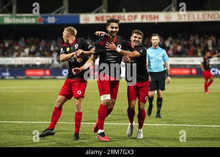 ROTTERDAM - (lr) Julian Baas ou sbv Excelsior, Nikolas Agrafiotis ou sbv Excelsior, Lazaros Lamprou ou ou sbv Excelsior célèbrent le 1-0 lors du match de championnat néerlandais entre l'Excelsior Rotterdam et Fortuna Sittard au Van Donge & de Roo Stadium le 26 août 2023 à Rotterdam, aux pays-Bas. ANP BART STOUTJESDYK Banque D'Images