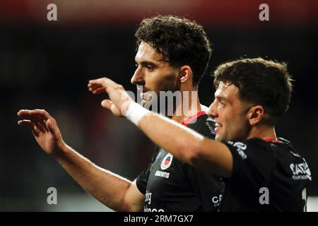 ROTTERDAM - (lr) Nikolas Agrafiotis de sbv Excelsior, Lazaros Lamprou de sbv Excelsior célèbrent les 1-0 lors du match de championnat néerlandais entre l'Excelsior Rotterdam et Fortuna Sittard au Van Donge & de Roo Stadium le 26 août 2023 à Rotterdam, pays-Bas. ANP BART STOUTJESDYK Banque D'Images