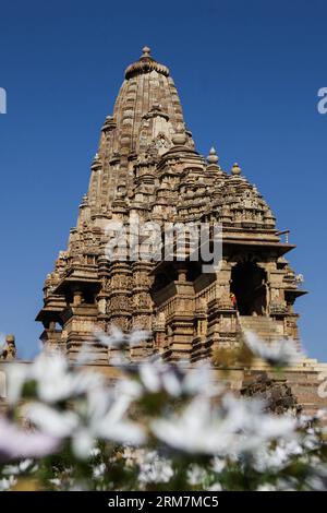 La photo prise le 8 mars 2014 montre le temple Kandariya du groupe de monuments Khajuraho dans le Madhya Pradesh en Inde. Le groupe de monuments Khajuraho, ou temples de Khajuraho dans le Madhya Pradesh en Inde, ont été construits pendant la dynastie Chandella, qui a atteint son apogée entre 950 et 1050. Il ne reste plus que 20 temples environ ; ils se divisent en trois groupes distincts et appartiennent à deux religions différentes - l'hindouisme et le jaïnisme. Ils trouvent un équilibre parfait entre architecture et sculpture. Les temples de Khajuraho sont décorés avec une profusion de sculptures montrant les détails de la vie de l'ancien p Banque D'Images