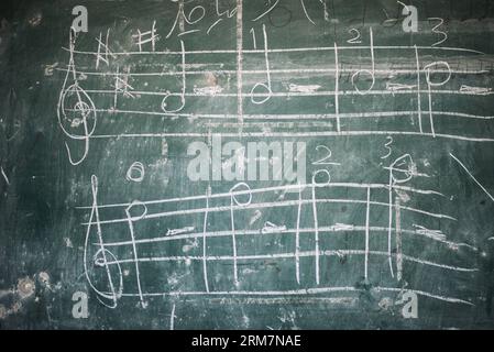 (140310) -- LE CAIRE, 10 mars 2014 (Xinhua) -- une photo prise le 27 février 2014 montre des notes de musique sur un tableau dans la salle où Nadia et sa chorale font leur répétition hebdomadaire à l'Opéra du Caire, en Égypte. Dr. Nadia Abdelaziz Awad, professeur de musique à l'Université Helwan et mentor de certains chanteurs de l'Opéra du Caire, dirige une chorale d'enfants depuis plus de 20 ans. Malgré les convulsions de la société égyptienne depuis 2011, le Dr Nadia Abdelaziz Awad et les membres de la chorale des enfants adhèrent à des répétitions hebdomadaires et se produisent à l'Opéra du Caire de temps à autre. Peu importe ce happ Banque D'Images