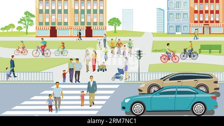 zone résidentielle silhouette d'une ville avec circulation et piétons, illustration Illustration de Vecteur