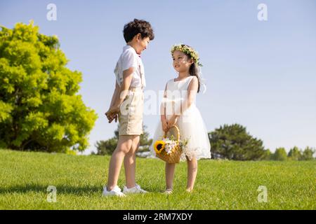 Jolie fille de fleur et porteur d'anneau jouant sur l'herbe Banque D'Images