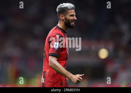 Milan, Italie. 26 août 2023. Olivier Giroud de l'AC Milan fait des gestes lors du match de football Serie A entre l'AC Milan et le Torino FC au Stadio Giuseppe Meazza Credit : Marco Canoniero/Alamy Live News Banque D'Images