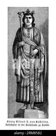 Statue votive du roi Alphonse X de Castille dans la cathédrale de Tolède, également connu sous le nom d'Alphonse le Sage (1221-1284), était un monarque médiéval qui régna sur le Royaume de Castille et León de 1252 jusqu'à sa mort. Alfonso X est remarquable pour son patronage des arts, des sciences et de la culture qui lui a valu l'épithète « le sage ». Banque D'Images