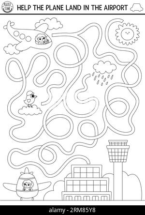 Labyrinthe noir et blanc de transport pour les enfants avec paysage de la ville, avion. Activité imprimable préscolaire de transport en ligne. Jeu de labyrinthe ou coloriage pa Illustration de Vecteur