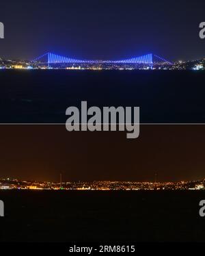 (140329) -- ISTANBUL, 29 mars 2014 (Xinhua) -- le combo pris le 29 mars 2014 montre les scènes avant (Up) et après que le pont du Bosphore tombe dans l'obscurité pendant la campagne Earth Hour 2014 à Istanbul, Turquie. Earth Hour est un événement mondial organisé par le WWF et se tient le dernier samedi de mars de chaque année, encourageant les ménages et les entreprises à éteindre leurs lumières et autres appareils électriques pendant une heure pour exprimer leur inquiétude face au changement climatique. (Xinhua/lu Zhe) TURQUIE-ISTANBUL-HEURE DE LA TERRE PUBLICATIONxNOTxINxCHN Istanbul Mars 29 2014 XINHUA le Combo pris LE Mars Banque D'Images