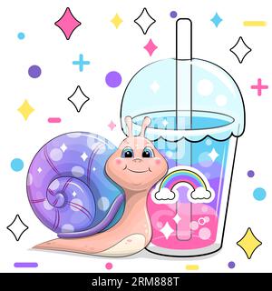 Escargot de dessin animé mignon et boisson arc-en-ciel. Illustration vectorielle de l'animal et une tasse avec de l'eau colorée sur un fond blanc avec des étoiles et des points. Illustration de Vecteur