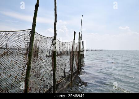 Déversoir dans l'Oosterschelde où les pêcheurs de déversoir pêchent des anchois de manière traditionnelle Banque D'Images