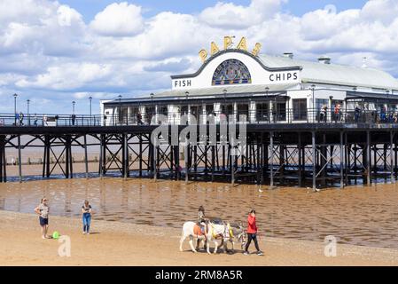 Cleethorpes Pier Cleethorpes Papas Fish and chips restaurant et promenades à emporter et à dos d'âne sur la plage Cleethorpes Lincolnshire Angleterre UK GB Europe Banque D'Images