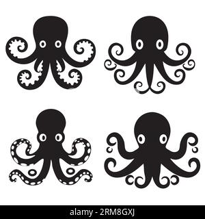 Ensemble de Octopus - silhouette vectorielle d'animal de mer pour icône ou signe sur un thème de mer ou d'océan. Silhouette noire d'une pieuvre pour un logo ou pictogramme sur le Illustration de Vecteur