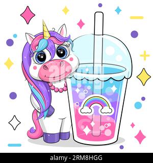 licorne de dessin animé mignon et boisson arc-en-ciel. Illustration vectorielle de l'animal et une tasse avec de l'eau colorée sur un fond blanc avec des étoiles et des points. Illustration de Vecteur