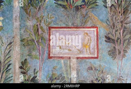 Site archéologique de Pompéi, Campanie, Italie. Fresque de scène mythologique parmi la verdure. Casa del Frutteto. Orchard House. Pompéi, Herculanum Banque D'Images