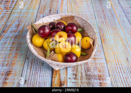 Un panier en osier rempli de prunes jaunes et rouges mûres avec une tranche et quelques feuilles vertes Banque D'Images