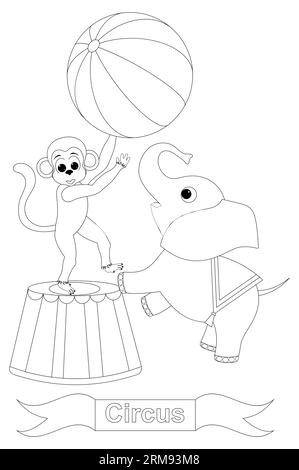 Bébé éléphant et singe jouent avec une balle. Modèle de page de livre de coloriage pour enfants .illustration vectorielle Illustration de Vecteur