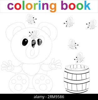 Modèle de page de coloriage avec ours en peluche de dessin animé et miel, pour les enfants. Illustration vectorielle Illustration de Vecteur