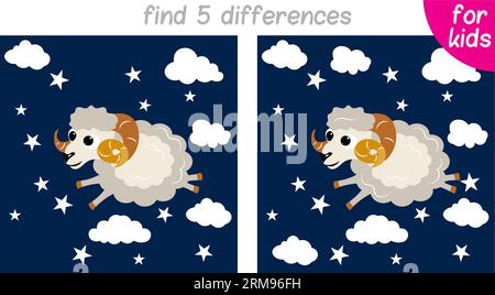 Moutons marche la nuit sur nuages blancs.jeu de logique pour les enfants. Vous devez trouver 5 différences. Page imprimable pour livre ou jeu pour enfants. Développement Illustration de Vecteur