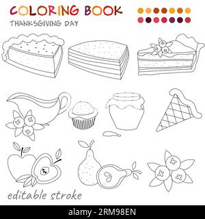 Thanksgiving Day. Tartes sucrées, confitures et fruits. Modèle de coloriage pour enfants et adultes. Pour détente et repos. Illustration de Vecteur