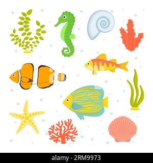 Collection de silhouettes de coquillages, hippocampes, poissons, algues et étoiles de mer/ Illustration de Vecteur