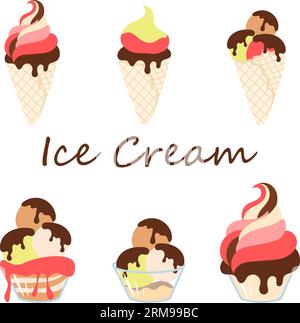 Crème glacée dans des cônes gaufrés et des tasses en verre. Collection de crème glacée. Illustration vectorielle sur fond transparent. Illustration de Vecteur