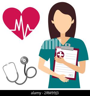 Jeune femme médecin tenant un comprimé. Médecin généraliste, infirmière. Illustration vectorielle isolée sur fond blanc. Illustration de Vecteur
