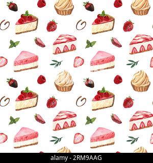 Desserts à motif aquarelle sans couture, morceau de cheesecake avec des fraises fraîches. Illustration dessinée à la main isolée sur fond blanc. Nourriture parfaite Banque D'Images