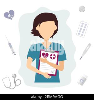 Jeune femme médecin tenant un comprimé sur un fond bleu. Médecin généraliste, infirmière. Illustration vectorielle Illustration de Vecteur