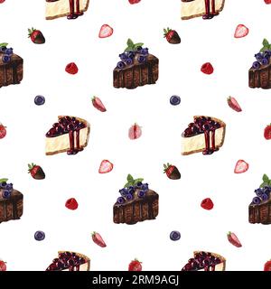Desserts à motif aquarelle sans couture, morceau de cheesecake avec des fraises fraîches. Illustration dessinée à la main isolée sur fond blanc. Nourriture parfaite Banque D'Images