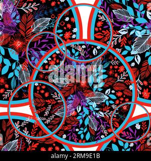 Brindilles stylisées rouge et bleu motif sans couture. Cercles floraux. Illustration vectorielle Illustration de Vecteur