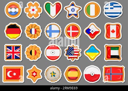 Ensemble de biscuit maison avec drapeau pays monde dans savoureux biscuit, biscuit consiste de signe pays monde sur le biscuit naturel, biscuit frais avec Illustration de Vecteur